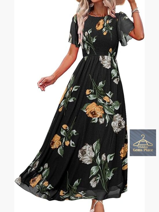 Dresses & Skirts - Flowy Chiffon Maxi Dress Smocked Top Flutter Sleeve Summer Boho